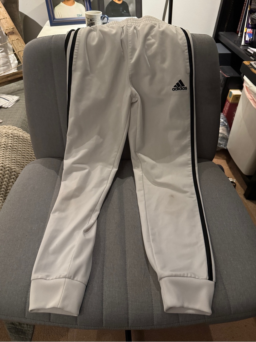 adidas Boys White Sweatpants with Black Stripe